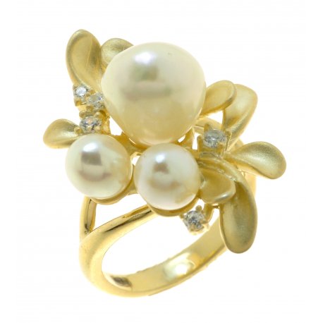 Женское серебряное кольцо 925* в позолоте с жемчугом и цирконием, Арт.55 6528-Х