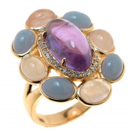 Женское серебряное кольцо 925* в позолоте с аметистом, розовым кварцем, ангелитом и цирконием, Арт.55 6595-Х 