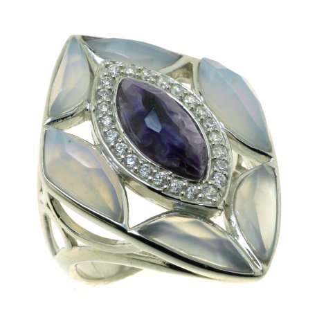 Женское серебряное родированное кольцо 925* с голубым агатом, чароитом и цирконием, арт. 15 6467В 
