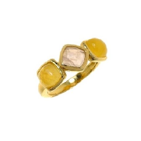 Женсоке серебряное кольцо 925* в позолоте с розовым кварцем и оранжевым кальцитом, Арт.55 6337-Х 